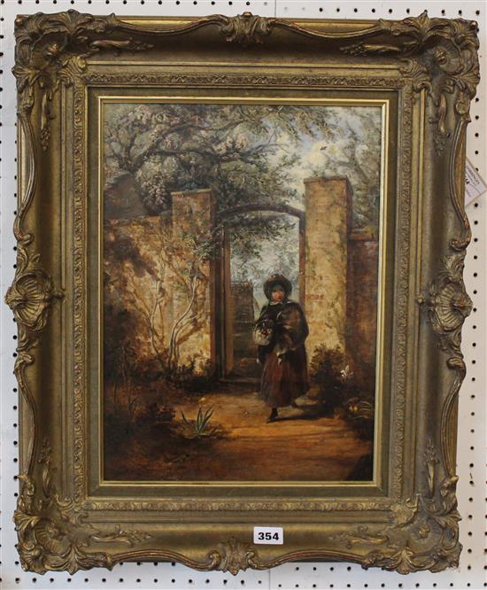 Frederick Goodall , oil on wooden panel, Woman beside a garden gate(-)